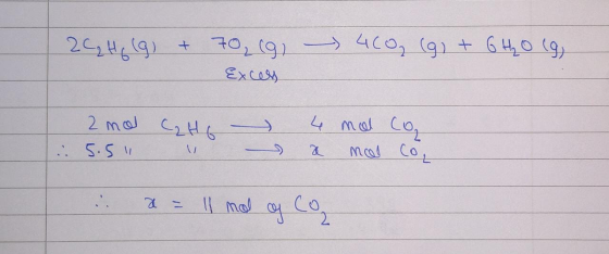 2C₂H₂ (9) + 70, (g) excess - 460g (g) + 6H₂O (9) 2 mol 5.51 CH . - ) - 4 mol Co a mol co, a = 11 mol
