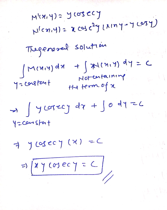 + M14,4)= y cosecy Nichiyla a cose2y lainy=y Lesy) Tregeneral solution Sanchiy) dy=c Y = constant Norcentaining of a J y cose