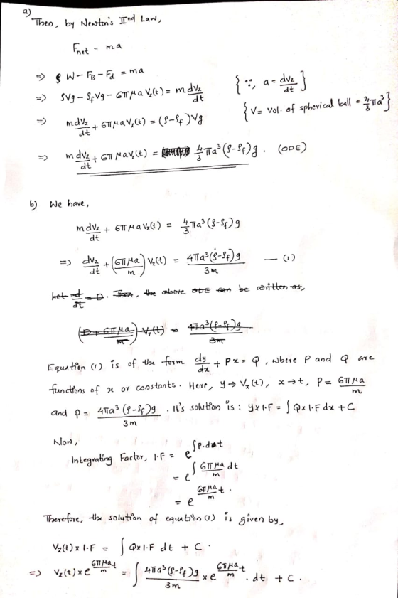Then, by Newtons Ind Law, Fret = ma =) & W- FB - Fd = ma ... -> sug- &;vg - Grupa v.ce) = m dixit {:; a- dvies} > maxime + T