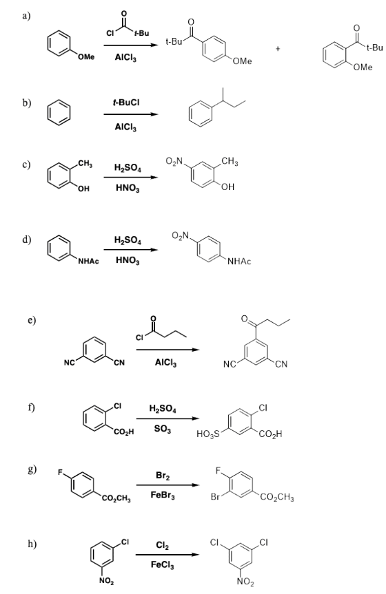 CIBu t-Bu t-Bu OMeAICI 3 OMe OMe t-BuCI b) AICl3 O2N CH3 CH3 H2SO4 HNO3 он он H2SO4 NHAc HNO3 NHAc Cl NC CN AlCl3 NC CN Cl H2