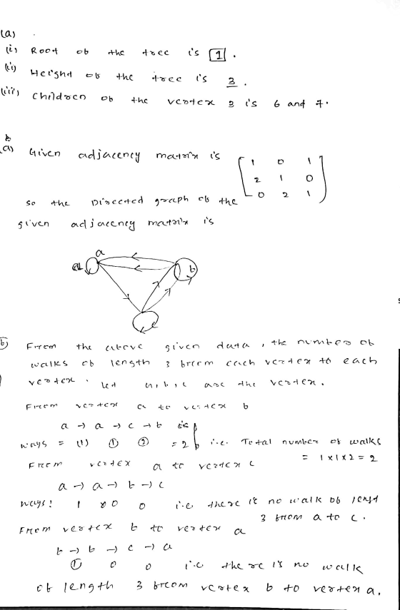 las رغ Root ob the free is 1 Heigha ols the tree is 3. titi) Childoen. Ob the vooter 3is 6 and 7. as Given adjacency marrin