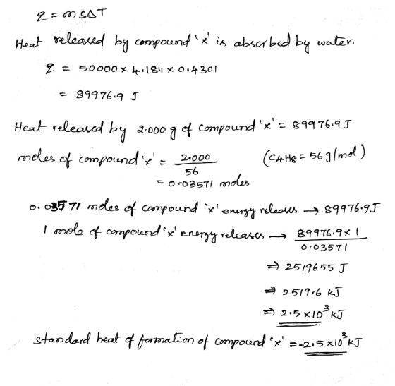 ZEMSAT Heat released by compound x is absorbed by water. 2 = 50000 x H:184 x 0.4301 = 89976.9 J Heat released by 2.000 g of