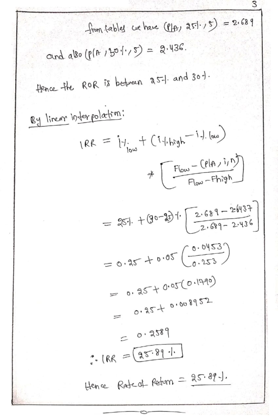 from fables we have (PLA, 251,5) = 2,689 and also (pla, 30.1175) = 9.436. Hence the ROR is between ast and 30t. By linear int
