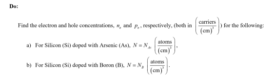Do: carriers Find the electron and hole concentrations, n, and P., respectively, (both in :) for the following: (cm) atoms a)