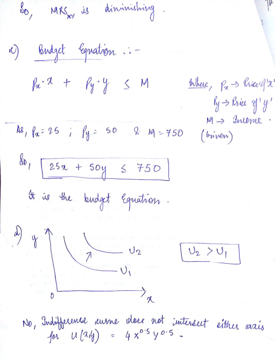 So, MRSA, is diminishing . a) Budget regnation :- Pedt Pyry SM Where, Pax - Priced A ly price of y As, Pa = 25 ; Py = 5o &