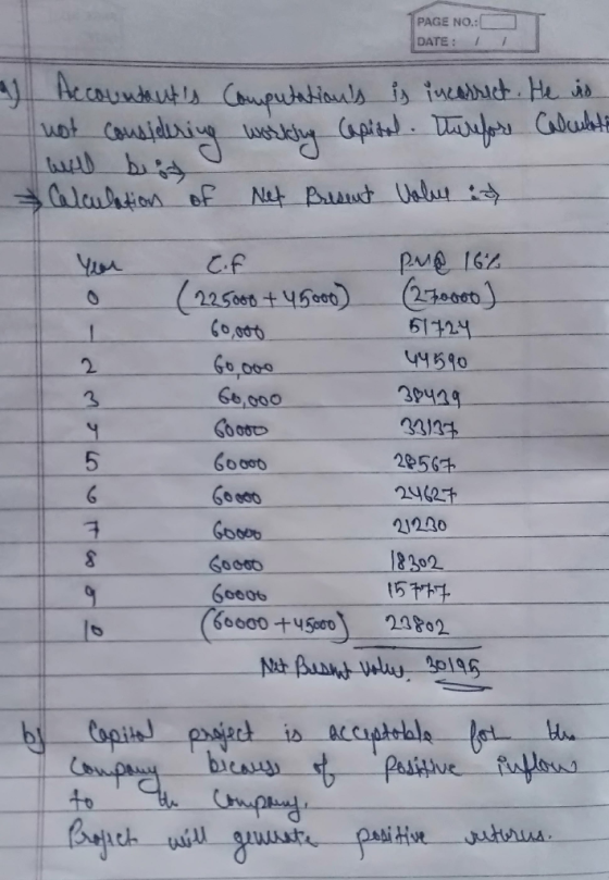 PAGE NO.:( DATE: 1 4 Accountants Computations is incorrect. He is not considering working Capitel. Therefore Calculat will