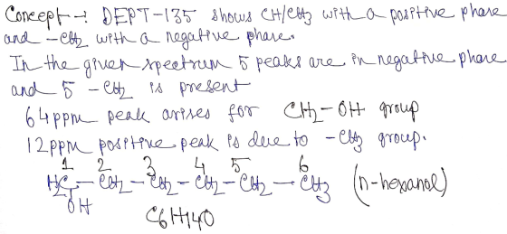 Concept DEPT-135 shows Chleft with a posetive phare and -elty with a negative phares In the given spectrum 5 peaks are in neg