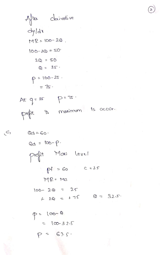 Alte derivative dylda MRD 100-20 100-20-50 2Q = 50 Q = 25. p = 100-25 = 75. At q= 25 profit is p=75 maxirum is occor. QS = 60