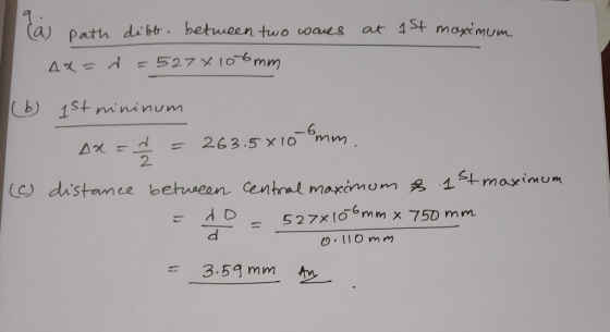 at 1st moximum Ca path dift. between two waves Ax=d=527x106mm (6) 1st mininum I Da=1 = 263.5x10-6mm. (c) distance between cen