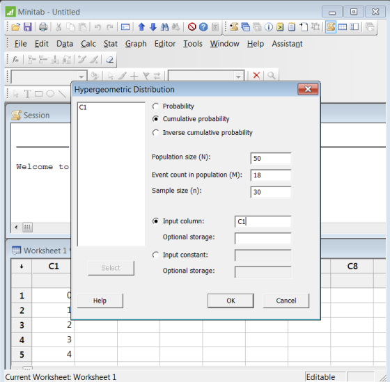 x wl Minitab - Untitled X File Edit Data Calc Stat Graph Editor Tools Window Help Assistant DE | *%&)2 . h TOO Hypergeometric
