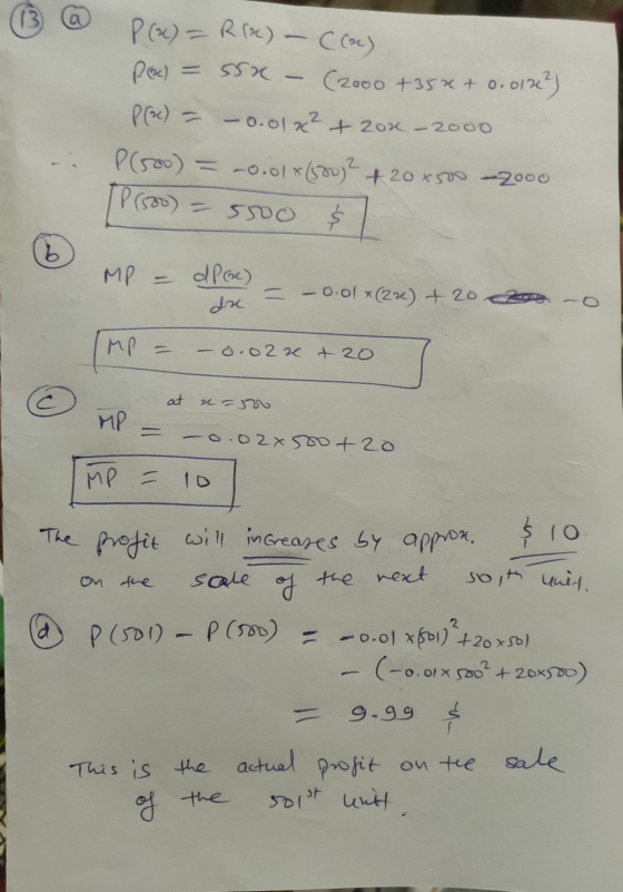 13 P (2) = RPC) - C(2) Roel ssa - (2000 +35* + 0.0123) P(B) = -0.012? + 20% -2000 P(500) = -0.01x(880)2 + 20x500-2000 [Prsoo)