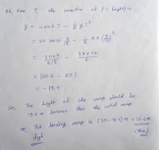 At, time T. the position of y C height) is y = usino T - = 30. Sin3o. 1. b g T2 .98 (17) 9.8 x 49 = 30x7 213 = (60.6 – 80.)