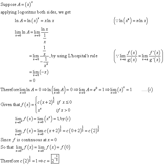 Suppose A=(x)* applying logoritms both sides, we get In A = ln(x) = xin x (:+In (**) = nin x) In x lim In A=lim X-0 x+0 1 1 X