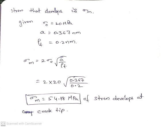 is given J002 stress that develops o =20MPa al - 0-367 om -0.2nm. 20 = 2 x 20 0.367 to m lolet am = 54.18 MPal of stress deve
