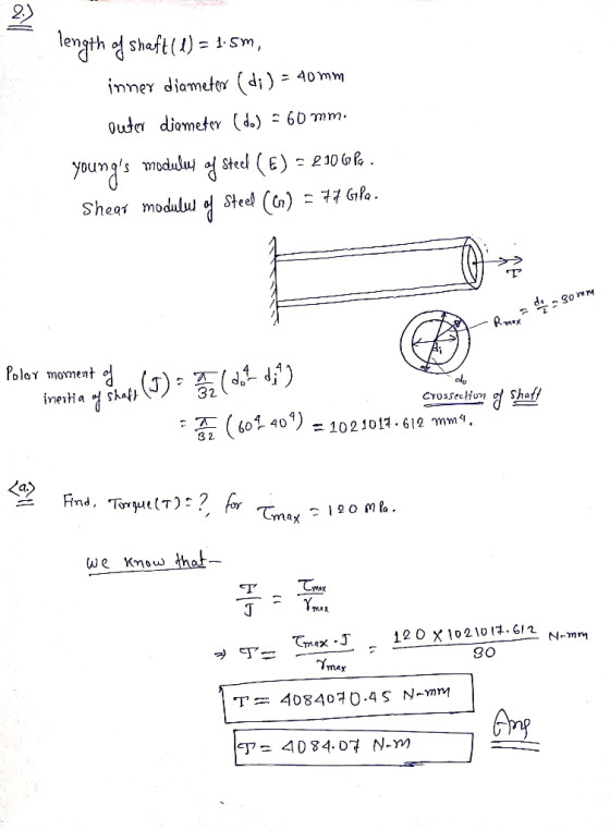 length of shaft (1) = 15m inner diameter (di) = 40 mm outer diameter (do) - 60 mm. youngs modules of Steel (E) = 2106 . Shea