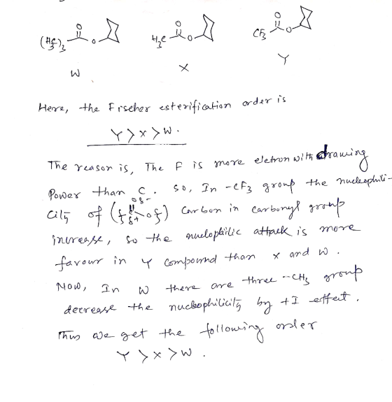 (191. A yedio A clo Here, the order is Fischer esterification Yyxswi The reason is, The f is more eletron with drawing Power