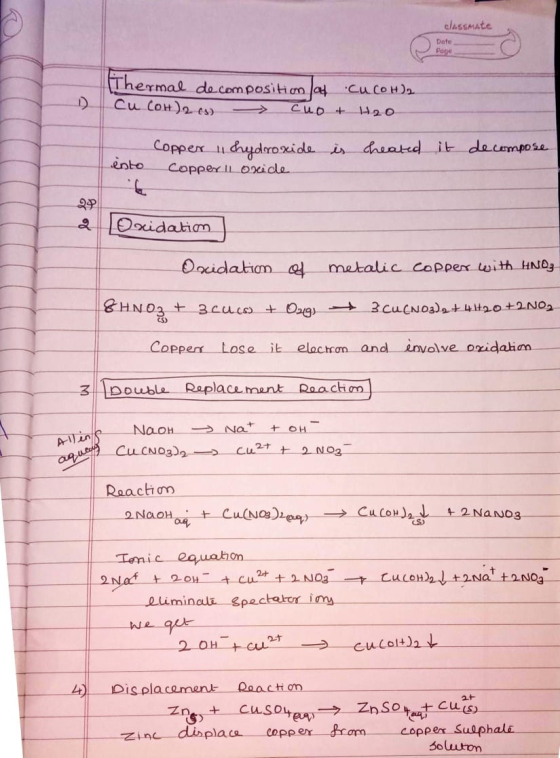 classmate Dafe Page Thermal dacompositon lat Cu Con)a es CucoH) CuO + 1420 Copper udydoroxida i daeated it dempose ento Coppe