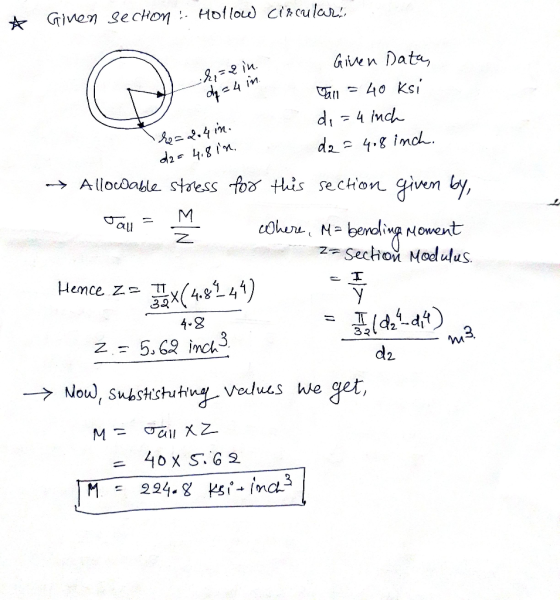 * Given section : Hollow circular! = 2 in. in da = 4 h=2.4in. d2 = 4.8in. Given Data, tal = 40 ksi di = 4 inch da = 4.8 inch.
