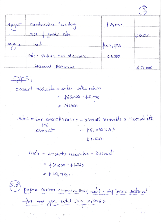 Augs $2,500 merchandise inventory cost of goods sold cash 401500 | Aug-lo $59,780 sales Relun and allowances. ocessado Accoun