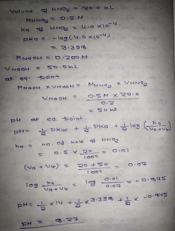 Volume HNO2 = 200 m2 -MHNO = 0.5M ka of HHOZ = 4,0x104 pka = -log(4.0 x10-4) = 3.398 MNAOH = 0.200 M NagH = 50.0m2 at eg poin