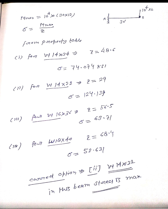 Momax = 10 x 130x12) Mmar = 10tx (30x12) of a to 30 Mmare o= Mmar from property table Z=4806 (i) foor w 14x34 o=74.074 KSI (1