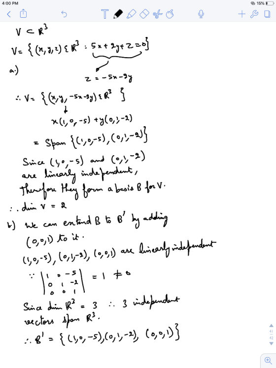 4:00 PM 15% D 0 + $0 < TOP0+ - VCR² V= {(1,1,2) K? : Su+ 2y+z0} 1 2=-Sn-dy V= {(%, -54-8y){R} } *(1,0,-5) +y(0,)-2) = Span {