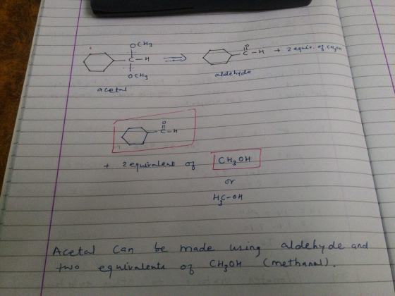 OCHg FO 4 + 2 equiv. of chon . Ć-4 OCH aldehyde acetal + 2 equivalent of CH₂ OHJ HC-oh | Acetal can be made using aldehyde an