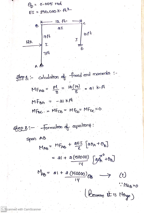 = 0005 rad EI = 150,000 Kft. . K 12 ft -* QI I loft 12k - 17.ft I 1764 step 4:= calculation of freed end moments :- MFAB pel