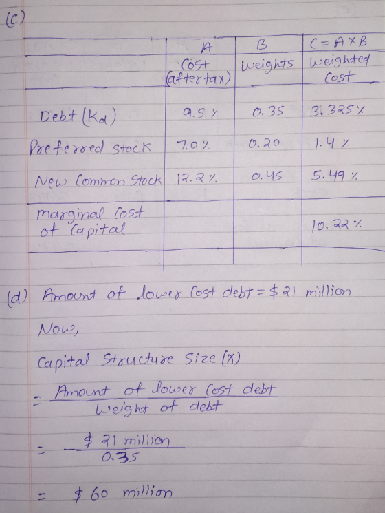 (c) O I B TC=AXB Cost Iweights weighted after tax) cost 9.5 % 0.35 3.325 % Debt (kd) Preferred stock New Common Stock 0.20 1.