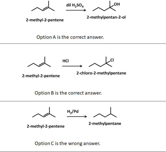 T dil H,SO4 LOH 2-methylpentan-2-ol 2-methyl-2-pentene Option A is the correct answer. НСІ nd Hanto 2-chloro-2-methylpentane