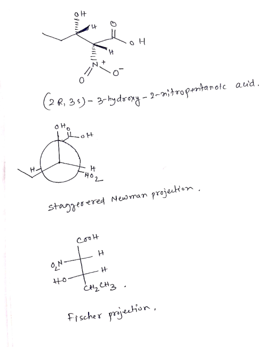 I TOH Yuri + VEO (28, 3s)-3-hydroxy-2- 135)- 3-hydroxy - 2-zitro pentanoic acid, OHO I LOH staggerered Newman projection. coo