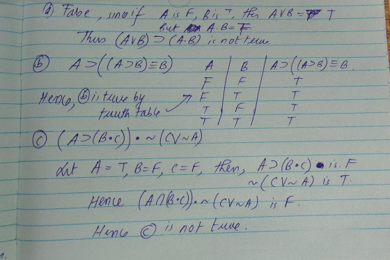 a Tabe, sinoif A is f, Bist, ther AVB-T But A A. B-F This (AVE) - (A.B) is not tem. © AJ ((AJB) = 8 A(14>B) =B A Hence, 6 is