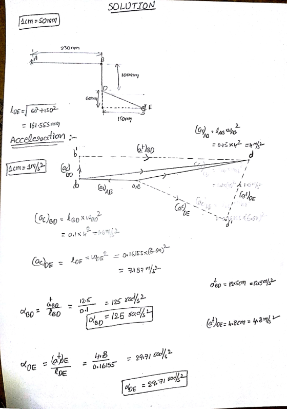SOLUTION 14cm = 50mm 250mm NA Tooming Gonn E 150mm Lor= 60+1502 = 161.555mm Acceleration La la la b kten = 0.25x42 zum/ d acm