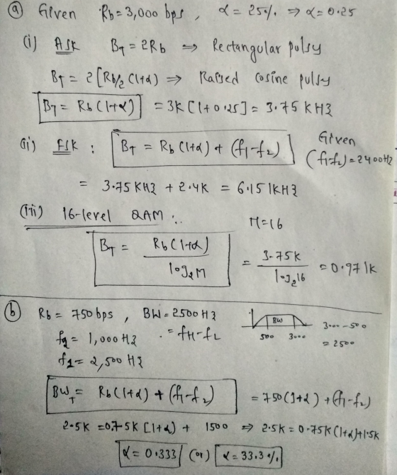@ Gilven Rh= 3,000 bps, d=250) 2= 0.25 () ASK B = 2R6 es Rectangular pulsy Br = 2 (RU/ Cltd) Rassed cosine pulsy By= R6 (148)