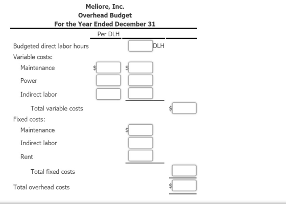 Meliore, Inc. Overhead Budget For the Year Ended December 31 Per DLH Budgeted direct labor hours DLH Variable costs: Maintena