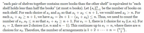 each pair of shelves together contains more books than the other shelf is equivalent to each shelf holds less than half th