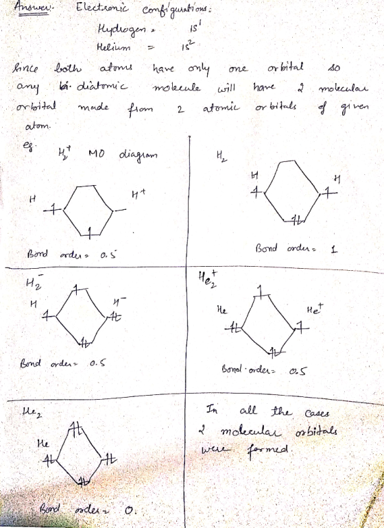 Answer Electronic configurations : Hydrogen is Helium = 15² lince both atoms have only one any bi diatomic molecule will orbi