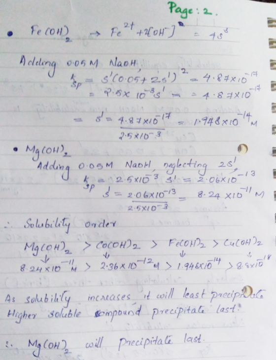 A Page : 2. • Tecol Fe 2+ + 2600) = 45 Adeling 0.05m NagH on SC0.054 28) ? 24,87x1067 piest 10%s 24.83X10* s = 4.87X1647