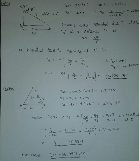 63.43 2 2.236m в Sn 63, 43 formula used: Potental aua to chas a at a distance s 4A SA 3 236.3365 v/n 2 S2)Ans γΑ2 (2 cm) x s