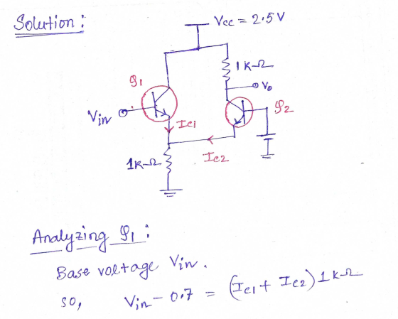 . Solution Vcc=2.5v Пқ-— 91 Vo 82 Vin o R Ici Icz 1R2 Analyzing gi Base voltage Vin. Vin - 017 = Tert 1 k-2 Iez) So,