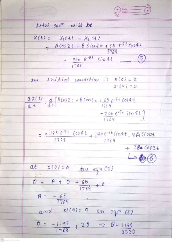 Dato Page total soin will be X(t)= Xicti + ₂ ct) Acos 2t + 8 sinat & 65 e 5t Cosat 1769 200 eest sinut (769 the initial condi