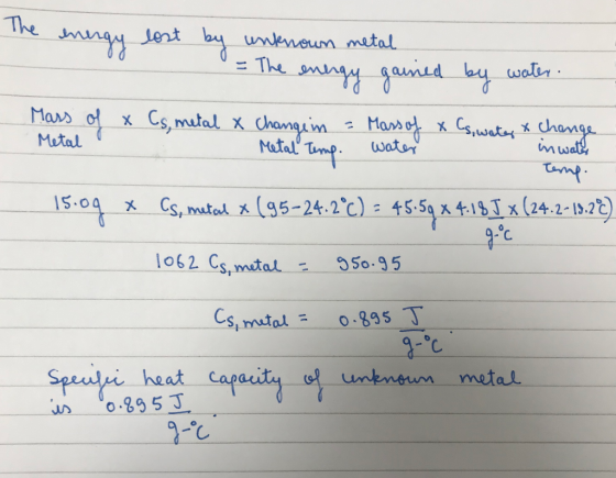 The energy lost by unknow = The energy gained by water. Mass . Metal of x Cs, metal X Change in - Metal Temp. Metal Temp. Mas