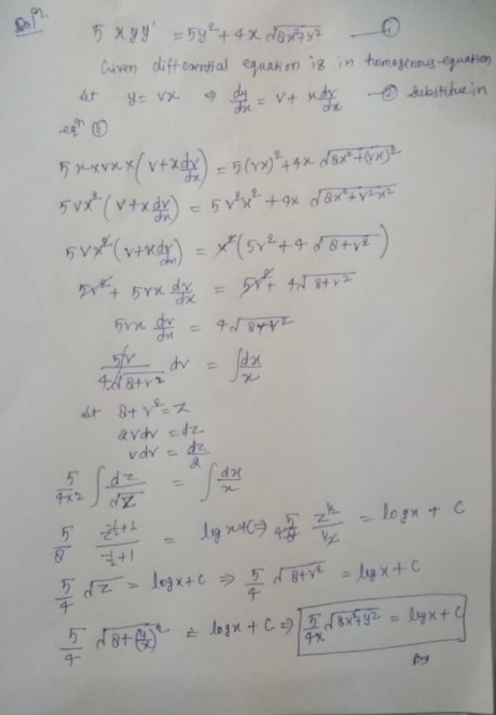 Given let y differential equation is in homogenous equation vx a dy Vt nudy substitue in 5xxxx(vt ady) = 5(2x) + 4x dax free