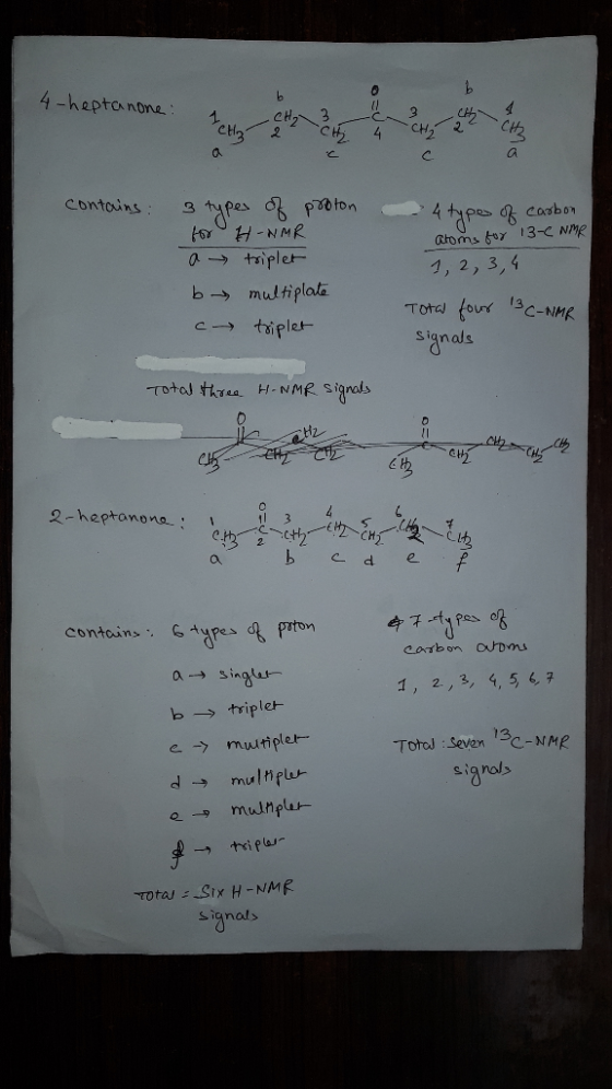 4-haptonin many country contains: 4 types of carbon atoms for 13-C NMR 3 types of proton for H-NMR a triplet by multiplate C