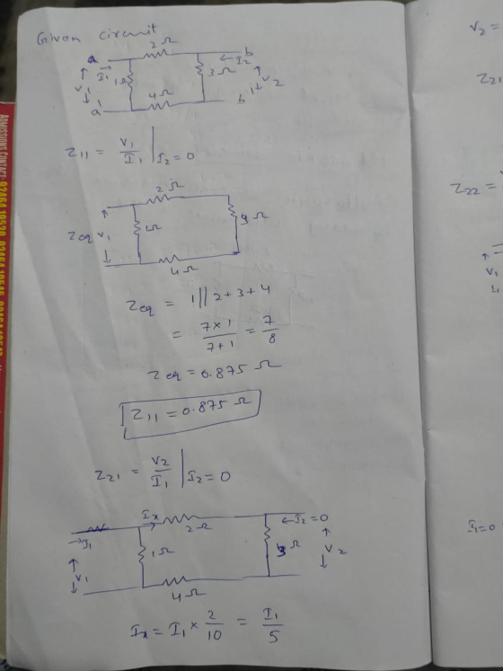 Given circuit SUI Z21 vh a V lo 211= ADMISSIONS CONTACTO CASA Zzz= 1 V Z cq vi ur 11 2+ 2+ 3+ 4 Zeq 7 X 7 7+ 1 8 Zeq=0.875 r