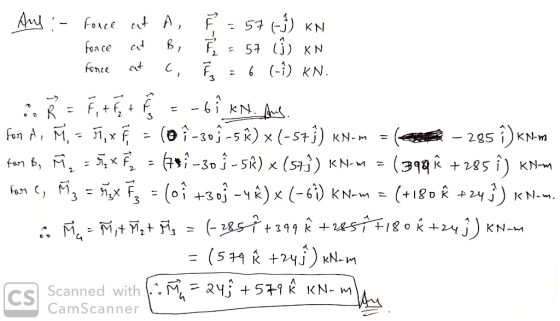 And :- force at A, È = 57 (5) KN force at B, Ě - 57 (ſ) XN force at C, E = 6 (-1) KN. R = F, + F + 8 = -61 kN. Aus. fen A , -