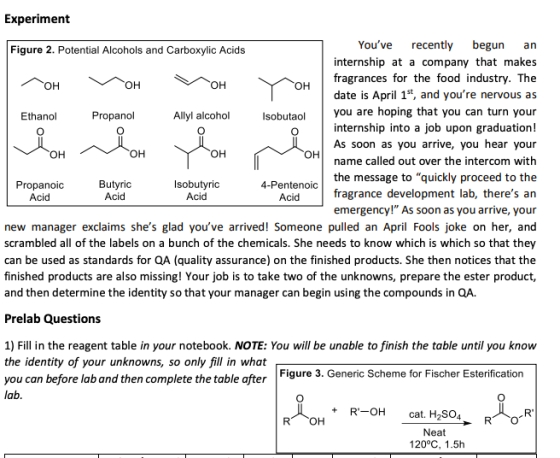 an OH OH 0 OH Acid Acid Experiment Figure 2. Potential Alcohols and Carboxylic Acids Youve recently begun internship at a co