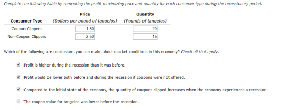 Complete the following table by computing the profit-maximizing price and quantity for each consumer type during the recessio