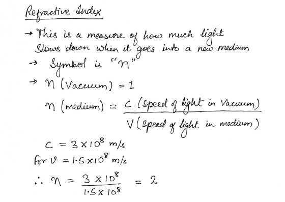 Refractive Index of Symbol is ni c = 3 X108 m/s This is a measure how much light Slows down when it into a new medium goes →