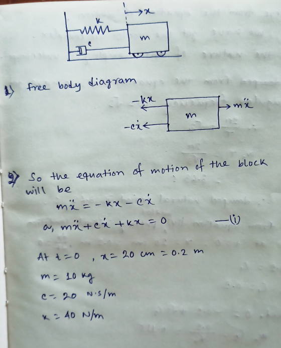 →n Lund m 7 free body diagram -KR Imä -cit 27 So the equation of motion of the block will be mä=- kx - cá o, mätcá tkn=0 - At